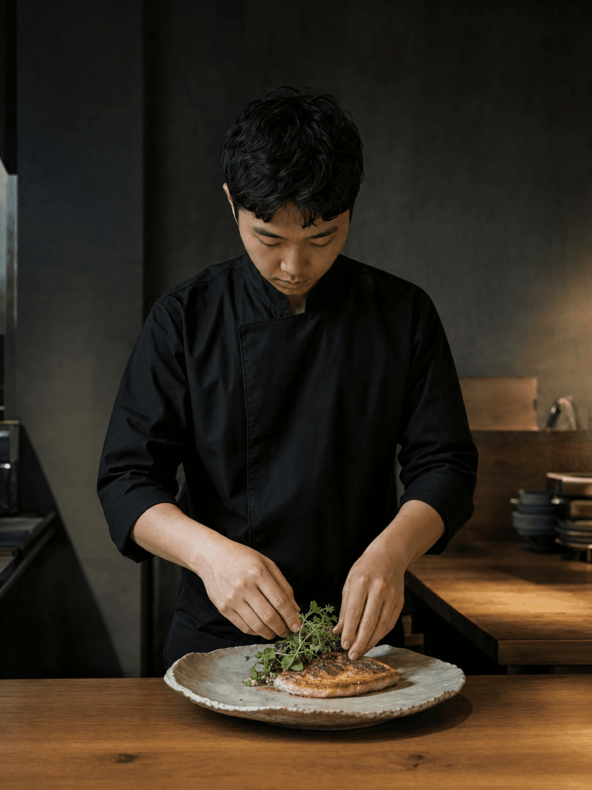 오픈 키친에서 생선과 봄나물을 플레이팅하는 온미 셰프